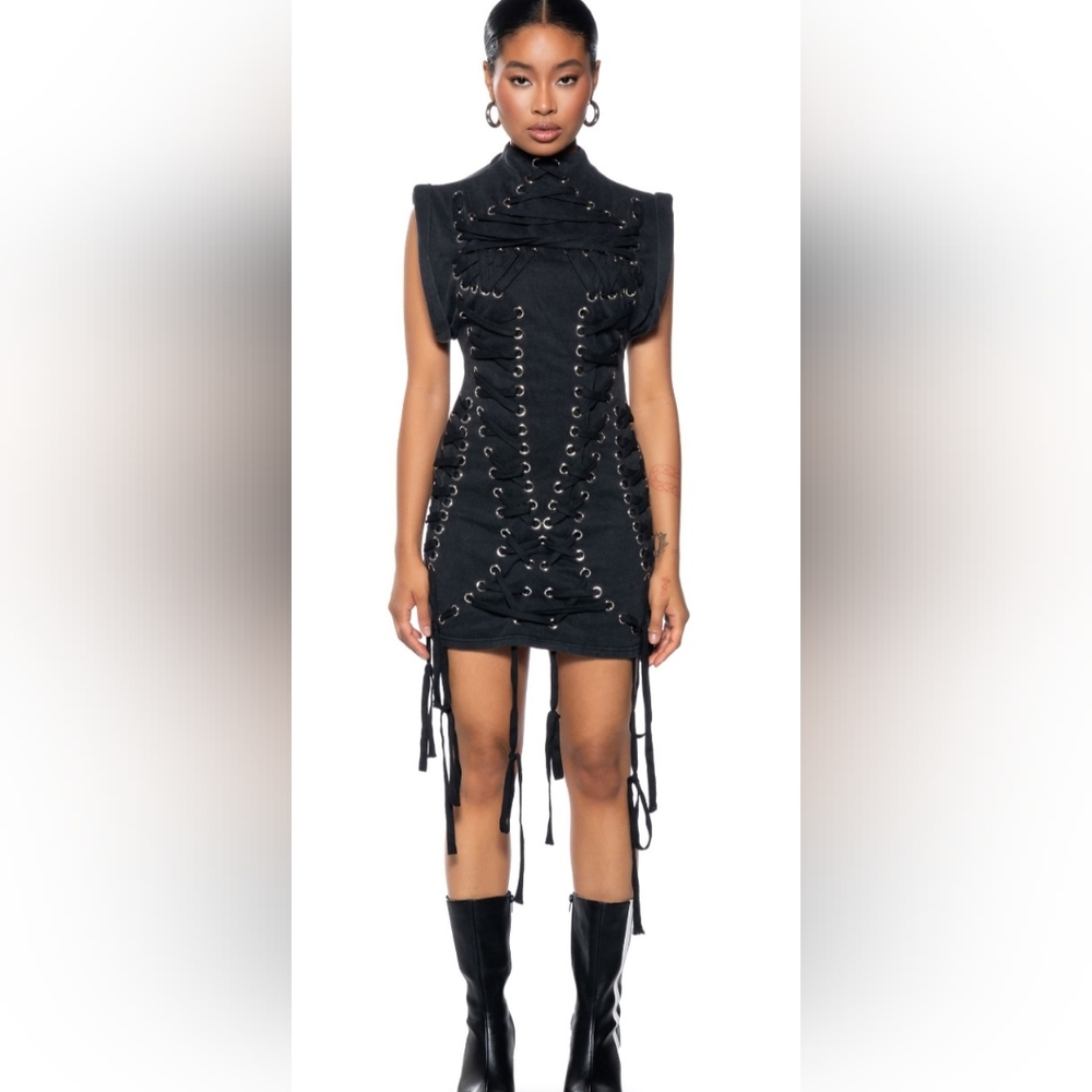AKIRA BANKS LACE UP MOCK NECK KNIT MINI PARTY CLUB DRESS IN BLACK MEDIUM
